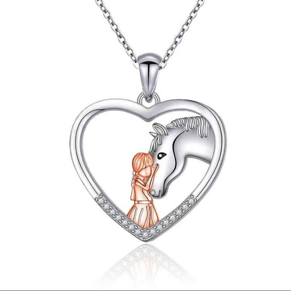 Heart Necklace with Horse and Girl, Girl and Horse Necklace